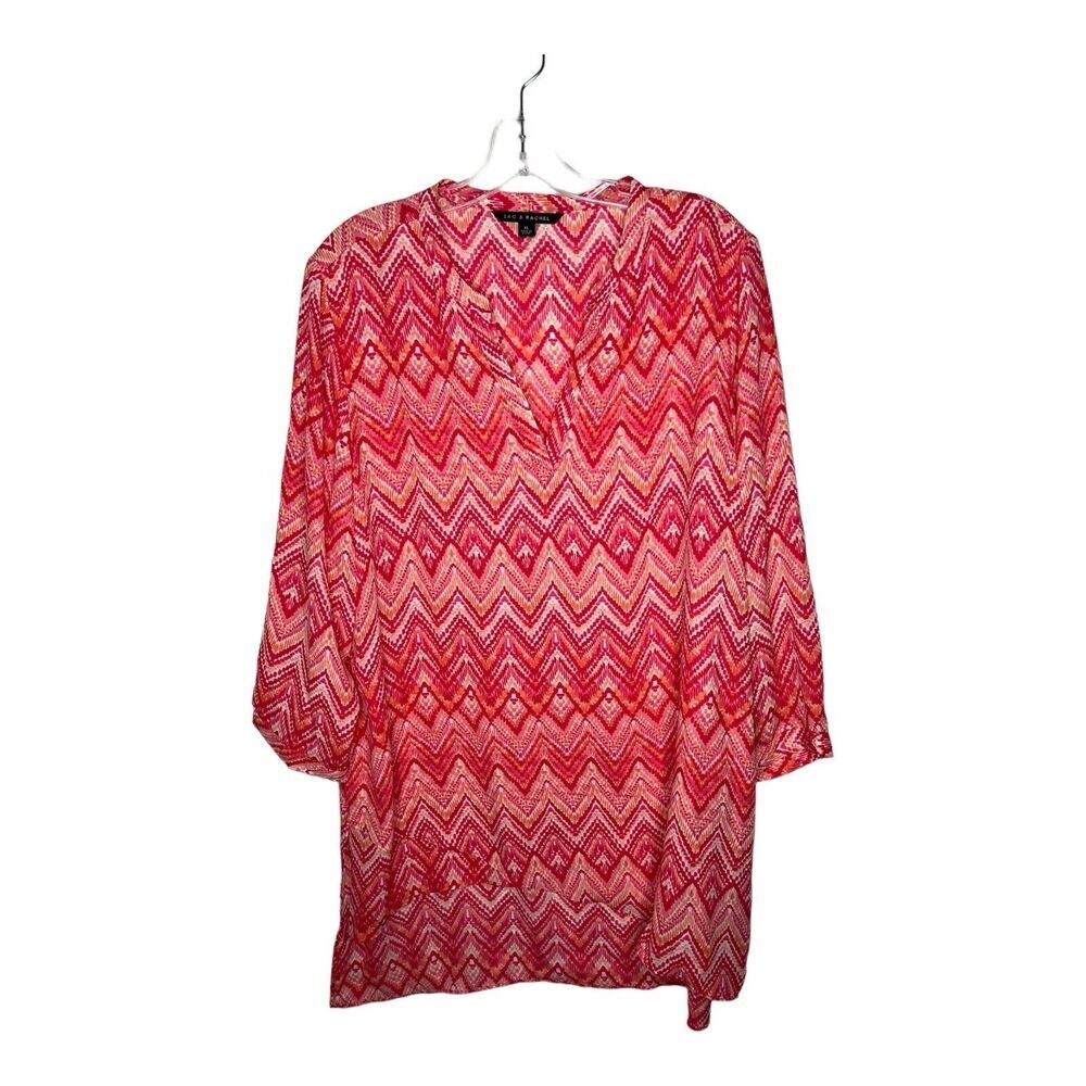 Zac and Rachel Tunic Top Womens XL Pink Zig Zag V Neck High Low Sheer Blouse